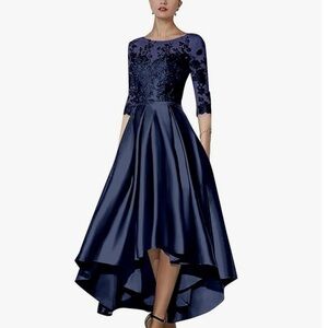 Elegant Silk and Lace Navy Blue High Low dress
